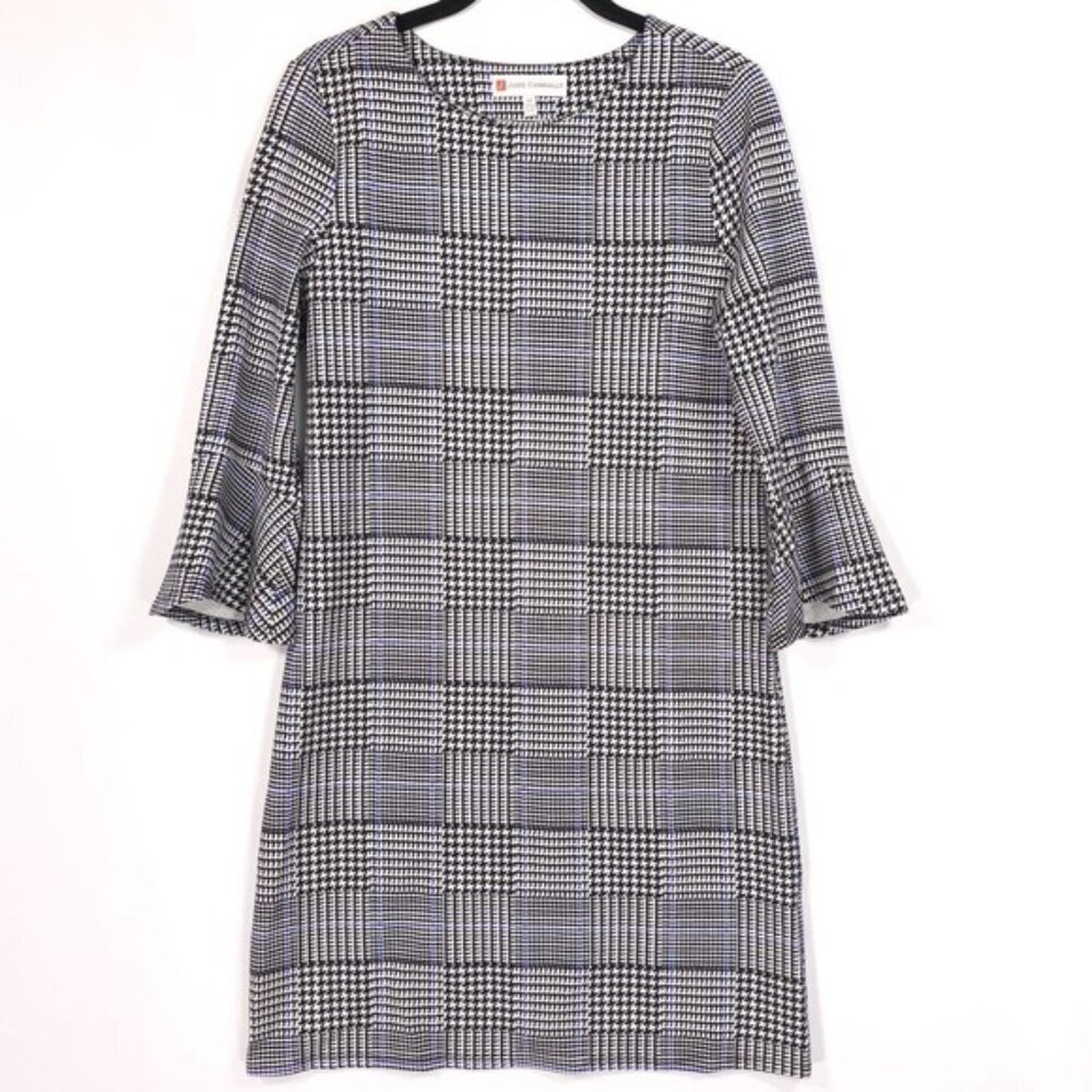 JUDE CONNALLY Lyla Dress Size‎ XS 3/4 Sleeve Flutter Bell Plaid Blue Black White